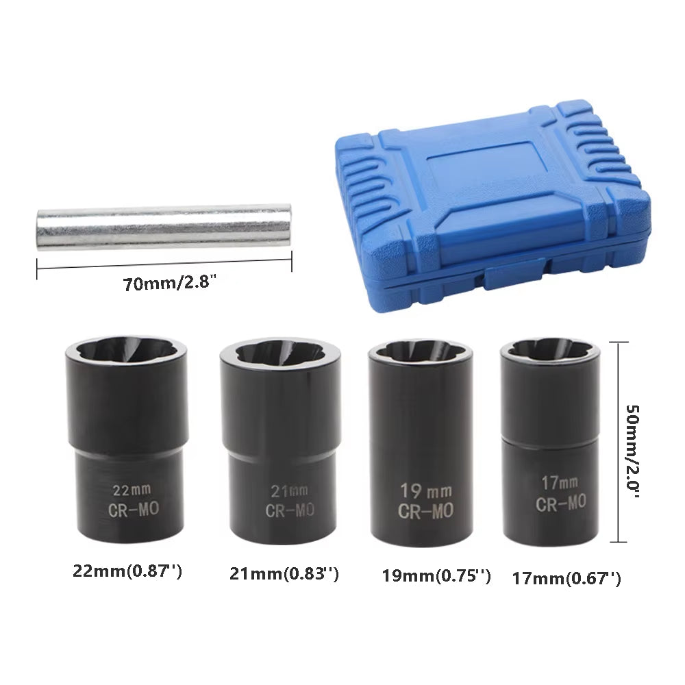 5Pcs 1/2" Twist Socket Set Locking Wheel Nut Bolt Stud Extractor Removers 17Mm 19Mm 21Mm 22Mm Socket Car Accessories