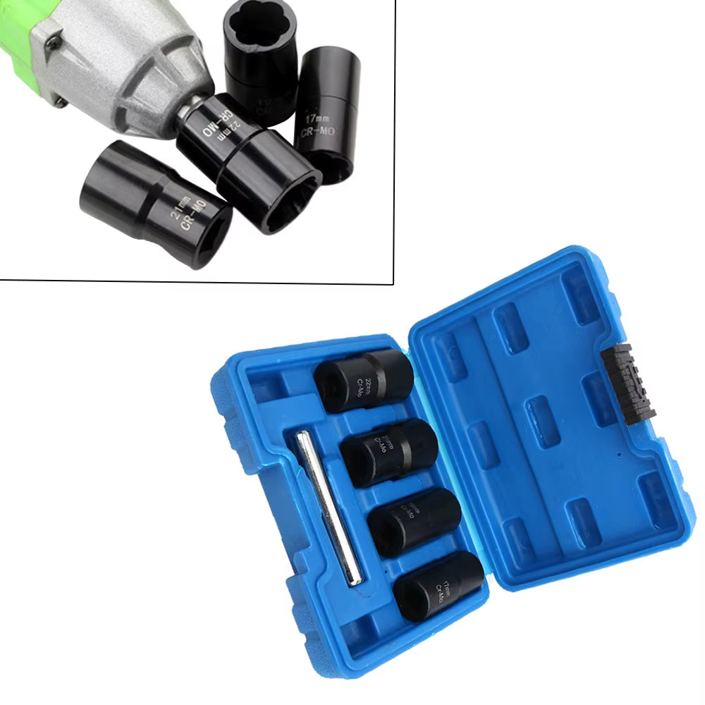 5Pcs 1/2" Twist Socket Set Locking Wheel Nut Bolt Stud Extractor Removers 17Mm 19Mm 21Mm 22Mm Socket Car Accessories