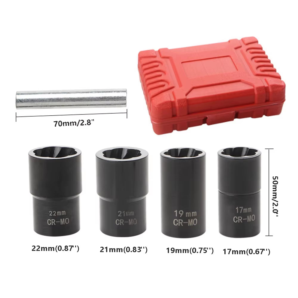 5Pcs 1/2" Twist Socket Set Locking Wheel Nut Bolt Stud Extractor Removers 17Mm 19Mm 21Mm 22Mm Socket Car Accessories